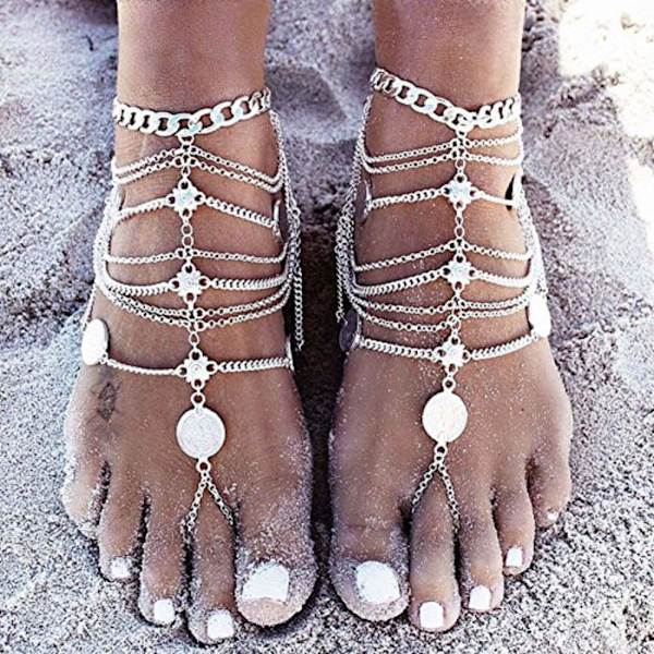 Anklets Boho Vintage Gyldne Mønt Velsignelsessymbolet Kvast Fodkæder 1 Par - Sølv