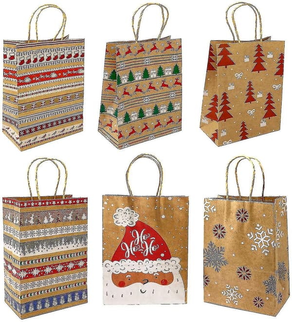 Julklappspåsar i Kraftpapper, 24 stycken, med Handtag, Julpapperspåsar