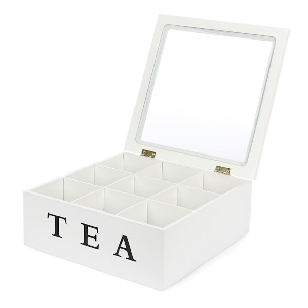 Tebox i trä med 9 fack och displayfönster - Förvaringslåda för tepåsar vit - 23 x 23 x 9 cm