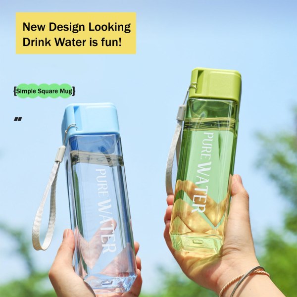 Sportsvandflaske 500 ml, personlig grøn plastik bærbar firkantet vandflaske med låg, lækagesikker genanvendelig drikkeflaske