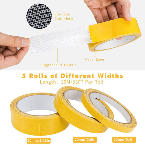 3 rullaa kaksipuolista kangasteippiä Monitoiminen kaksipuolinen 1,18 tuumaa/0,8 tuumaa/0,4 tuumaa x 33 jalkaa Super Sticky Tape Wide Mounting Tape kotiin toimistoon