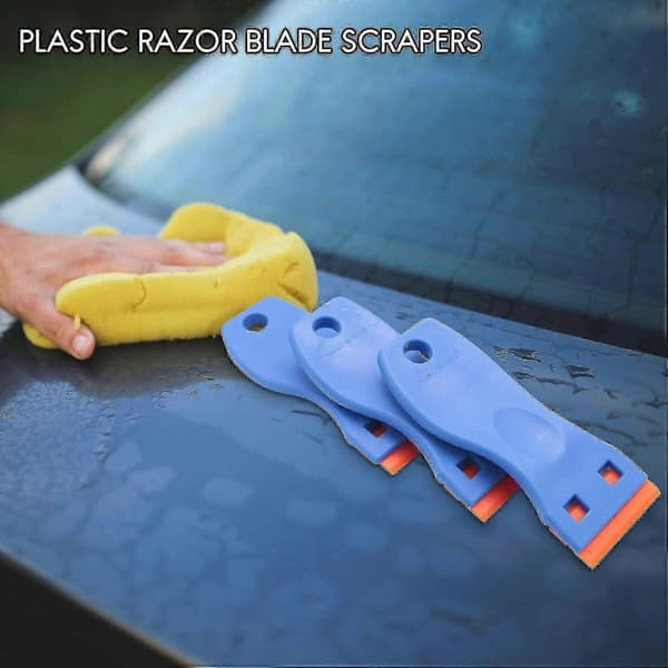 Pakke med 3 plastskraper og 100 stk. dobbeltsidige plastbarberblader.