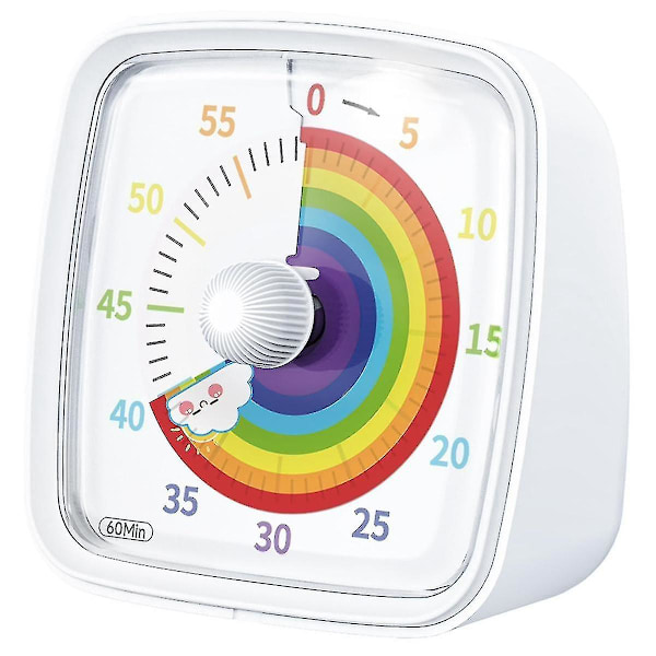 60 minuutin visuaalinen ajastin yövalolla, lähtölaskenta-ajastin, Pomodoro-ajastin sateenkaarikuviolla lapsille ja aikuisille, valkoinen