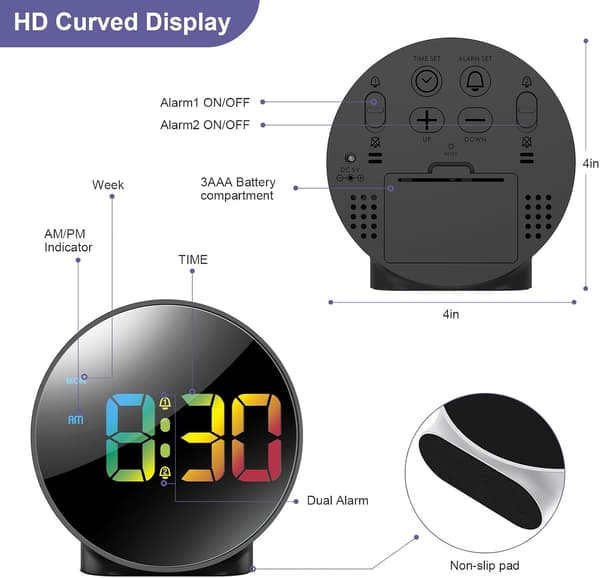 Digital väckarklocka, sängklocka med färgglad böjd LED-display, batteridriven/USB-driven digitalklocka med snooze, för tunga sovare barn black