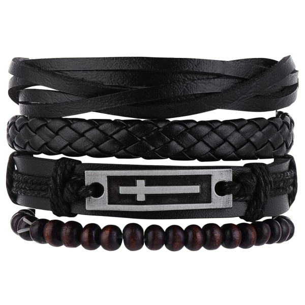 4pcs Leather Bracelet Set for Men Women, Cross Charm Black Brown Wide Wristband, Woven Leather Bracelet, Cuff Wrap Bracelet Set