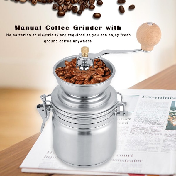 Manuell kaffekvern, rustfritt stål + keramisk sølv kaffekvern krydder nøtter kvern håndverktøy med ergonomisk trehåndtak (sølv)
