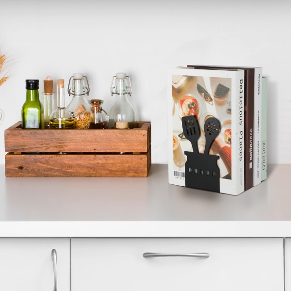 Svarte kokebok-bokstøtter 5,9 x 3,9 x 3,9 tommer dekorativt kjøkken i metallbokslutter med sklisikre matte Kokebokoppbevaringsbøker Kjøkkenkokebokholder