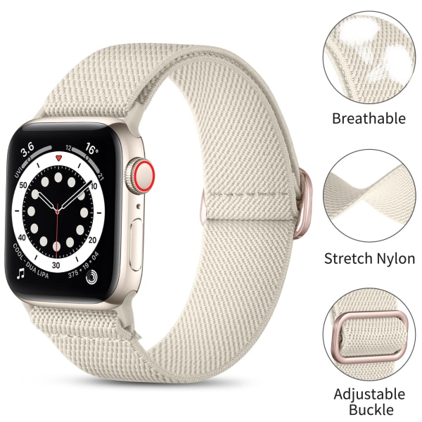 Justerbar strækbar nylon flettet sportsrem til iWatch SE Series 8/7/6/5/4/3/2/1, 38mm/40mm/41mm, Starlight