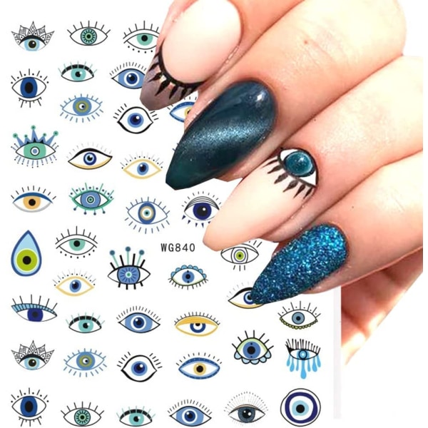 Evil Eye Nail Art Stickers Dekaler 7 ark självhäftande Turkish Blue Eye Hand Eye of Fatima Cartoon Design Manikyrtips Nageldekoration