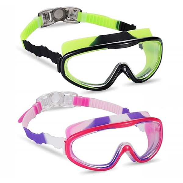 2-pack børne svømmebriller, svømmebriller til børn og tidlige teenagere fra 3 til 15 år gamle, vidsynet, anti-dug, vandtæt, UV-beskyttelse purple pink/green