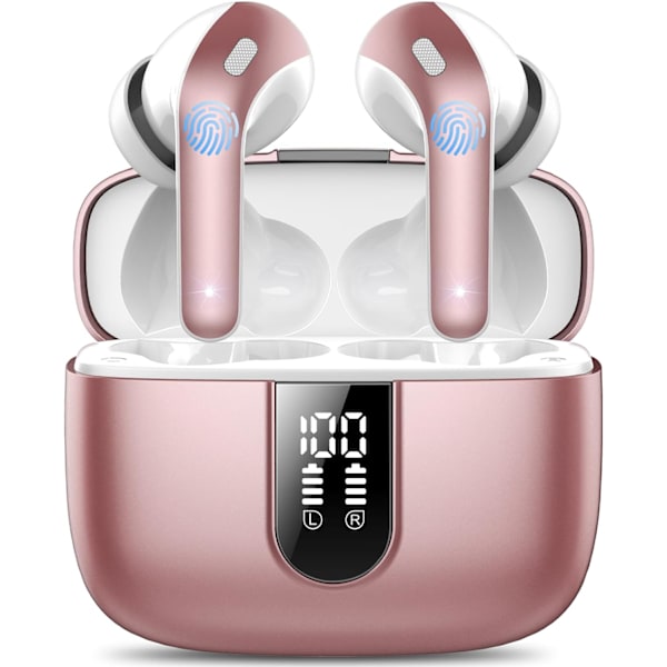 Trådløse ørepropper, 50 timers spilletid Bluetooth-hodetelefoner, Bluetooth-hodetelefoner 5.3, i øret med 4 ENC-anrop Støydempende mikrofoner, Bass Boost 85% rose gold