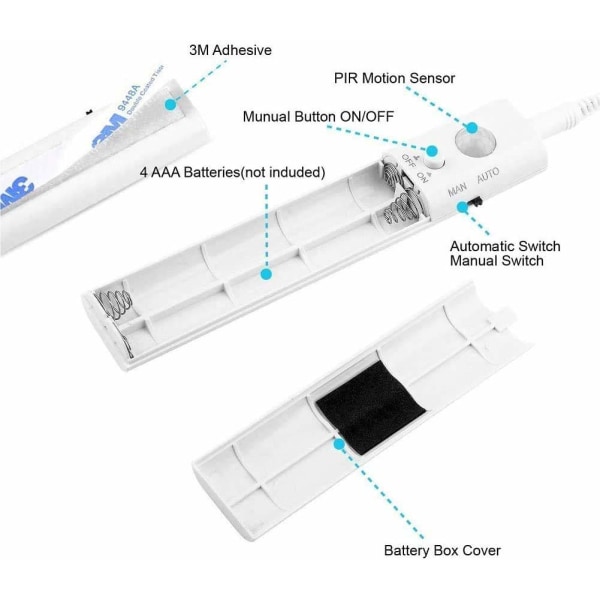 Sensor Garderobe Lys, 1M LED Stripe Lys Nattelys, 6000K Kald Hvit, Automatisk På/Av, Batteridrevet