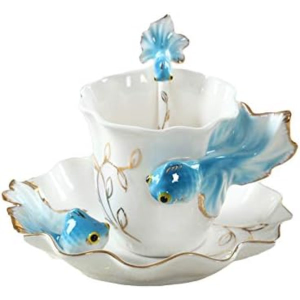 Keramisk tekopp, 3D guldfisk kaffemuggar set, fashion handgjord porslin emalj guldfisk kaffekopp med fat och sked set porslin tekopp blue