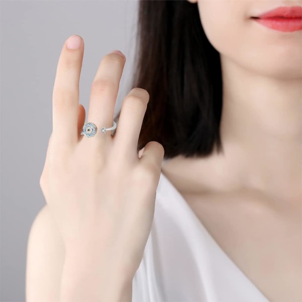 Round Evil Eye Ring, Disc Amulet Justerbar Open Fidget Spinner Rings, Zirconia Crystal Beads Stress Relief Smycken för kvinnor tjejer (Vit guld)