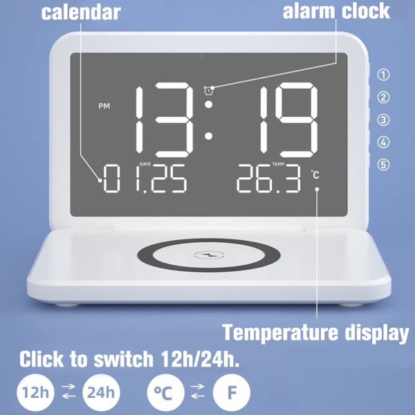 Trådlös laddare väckarklocka, multifunktionell elektronisk kalenderväckarklocka Temperatur digital väckarklocka, med kosmetisk spegel