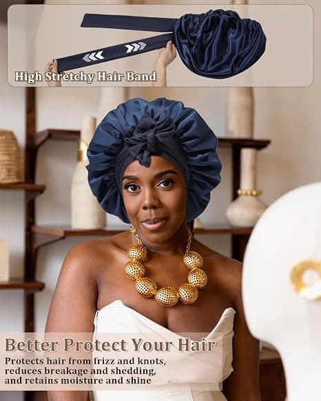 Satin Bonnet för Sömn Kvinnor Dubbellager Hårmössa med 2 st Hårsnoddar Elastiskt Band Nattmössa Navy Blue + Light Blue