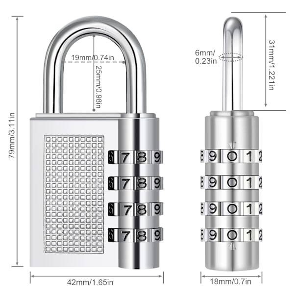 4-siffrig kombinationslås för skolskåp (2-pack, silver)