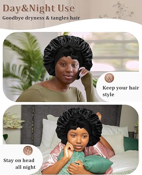 Satin Bonnet för Sömn Kvinnor Dubbellager Hårmössa med 2 st Hårsnoddar Elastiskt Band Nattmössa black