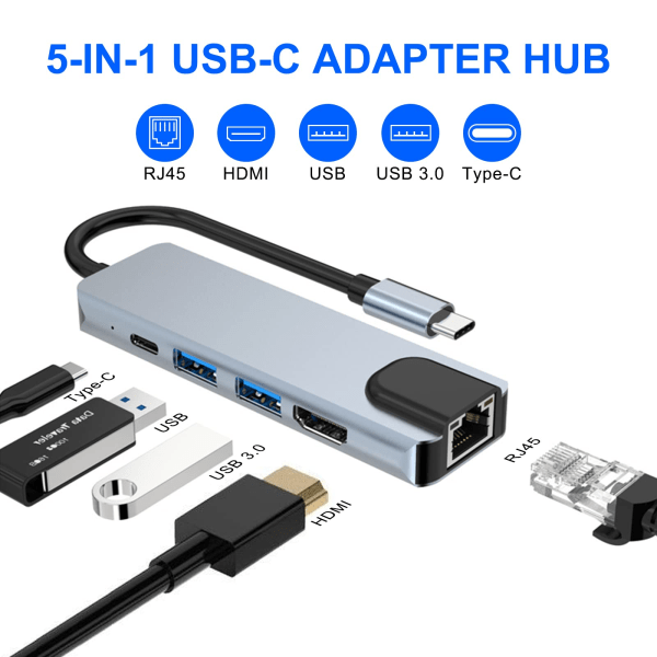 5 i 1 USB C-dockningsstation, typ C till HDMI-adapter, RJ45 Ethernet, 4K HDMI, 100W PD, 2 USB 3.0 kompatibel med MacBook Pro / Air och typ C-enheter