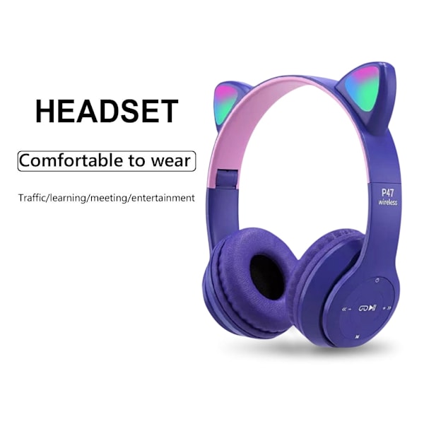 Kattørehodetelefoner Trådløst Gaming Headset med Stereo Bass Innebygd Mikrofon og Tilpassbar Belysning og Effekt (lilla) purple