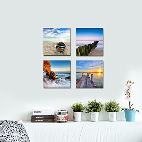 Seaview Modern 4-delad sträckt och inramad Seascape Giclee Canvas Prints Konstverk Landskap Ocean Sea Beach Bilder Målningar på Canvas Väggkonst
