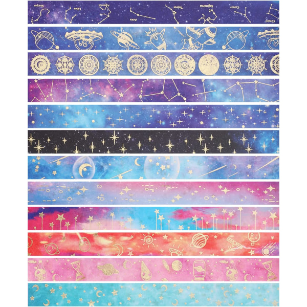 12 rullar Tejp Set, Starry Sky Dekorativ Washi Tejp 15 mm x 2 m