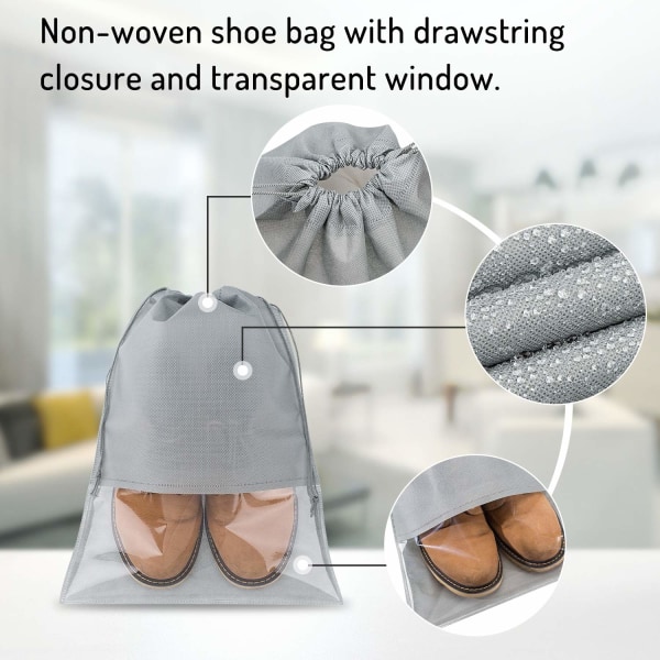 15 styks rejseskotaske, store ikke-vævede skoopbevaringsposer med snoretræk med gennemsigtig åbning til mænd og kvinder (lysegrå)