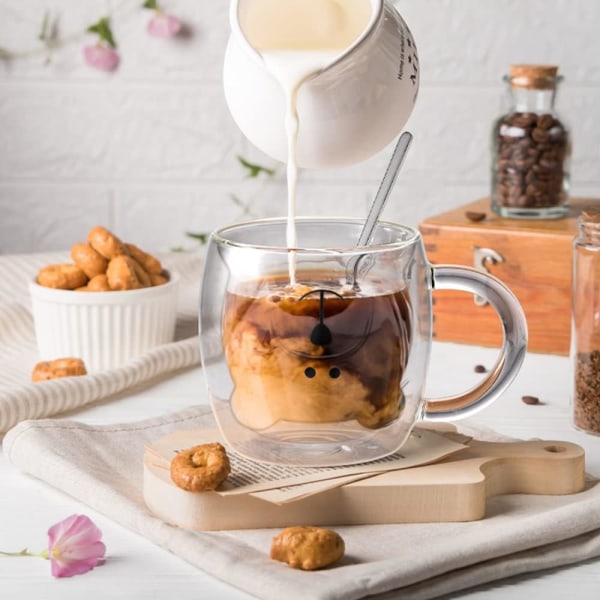 Söpö karhumuki 260 ml Kaksiseinämäinen lasimuki Kahvikuppi Cappuccino Latte Lasinen Maitokuppi kahvalla, Syntymäpäivä Joulu Ystävänpäivä Karhulahjat