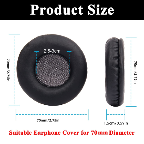1 par runda öronkuddar 70 mm utbytesöronkuddar Premium proteinläderskum Universal 7 cm kuddar Kompatibel med 70 mm hörlurar