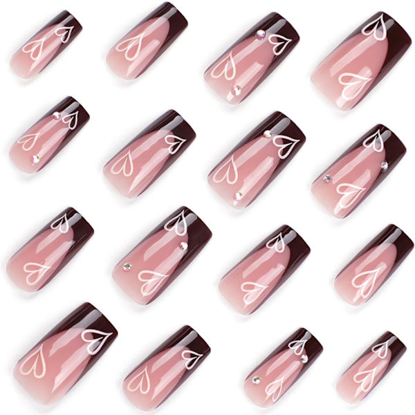 Franska spets falska naglar, fyrkantiga tryck på naglar medel längd rosa brun akryl gel falska naglar kärlek strass design, återanvändbara blanka stick on naglar