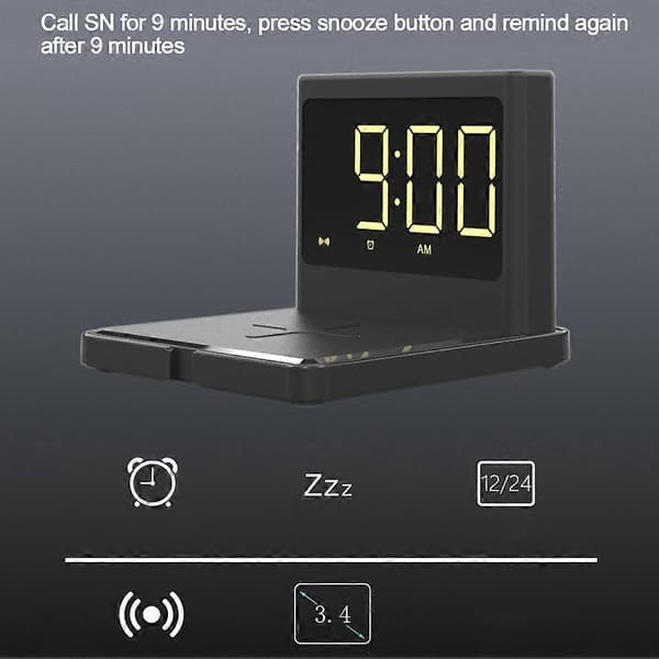 Til Qi Clock Trådløs Oplader 15W Alarm T11 Hurtig Multifunktionel Opladningstilbehør Sort