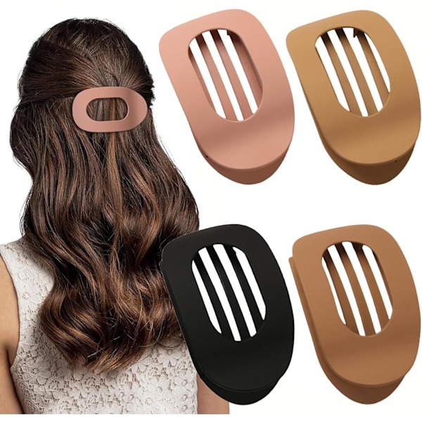 Sett med 4 brune matte flate hårklemmer, flat klo-klemme for kvinner, rund flat hårklemme for tykt og tynt hår, komfortabel, buede flate klemmer