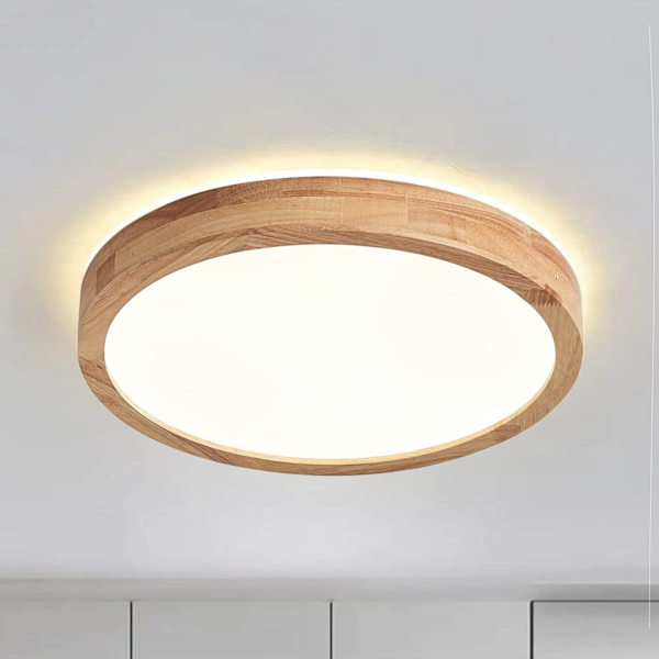 Tretre LED-taklampe i tre | Topp 360° glød tretaklampe | Varmhvit 3000K 18W | Runde tretaklamper Ø30 cm | Stue, stue, kjøkken