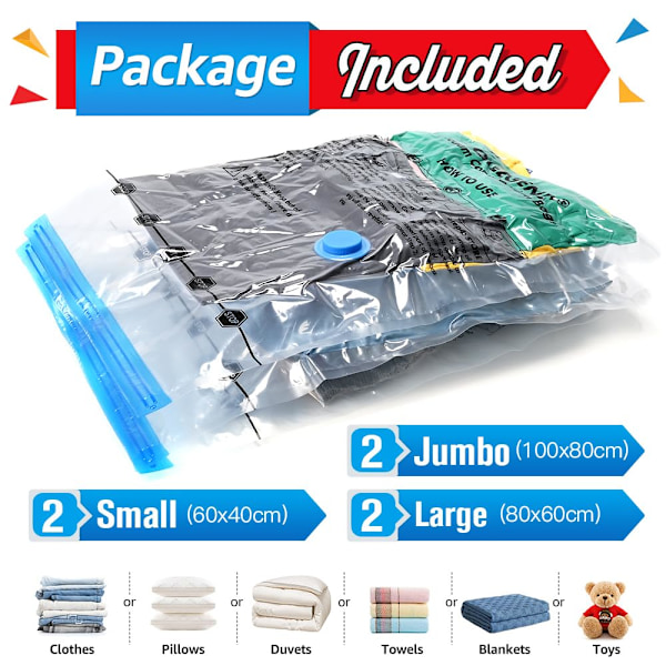 Vakuumförvaringspåsar (6-pack, 2XL 100 x 80 cm + 2L 80 x 60 cm + 2S 60 x 40 cm), Reseförvaringspåsar för Kläder, Täcken, Sängkläder och Kuddar.