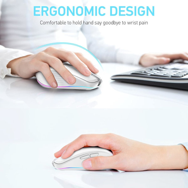 2.4G+BT5.1 Trådlös mus för datorspel med ergonomisk design, 4 justerbara DPI-nivåer, inbyggt uppladdningsbart batteri för bärbar dator white
