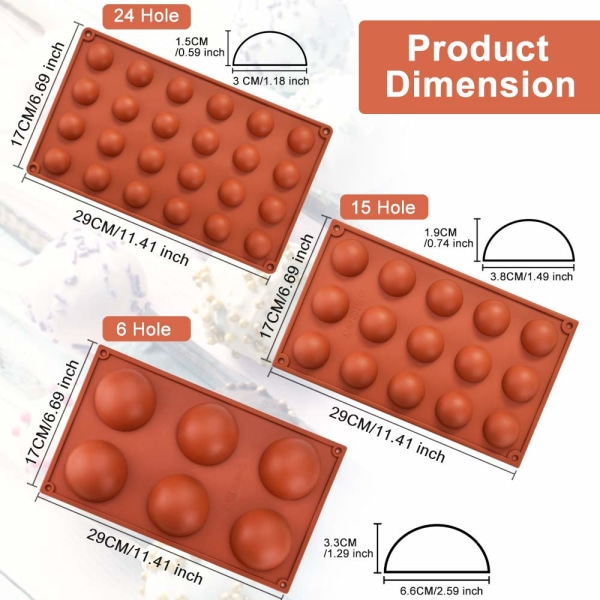 3 stk. halvsirkelformet silikonform, 6/15/24 hull silikonform