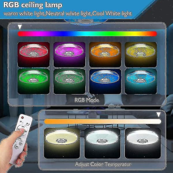 36W LED taklampe med Bluetooth-høyttaler, smart med fjernkontroll for apper
