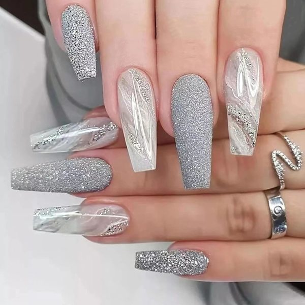 24 st marmor falska naglar långa, grå glitter tryck på nageldesigner, medium ballerina stick på naglar för kvinnor, akryl kista franska falska naglar