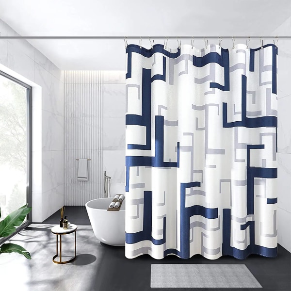 Modern geometrisk duschdraperi blå med 12 krokar 72 x 72 tum