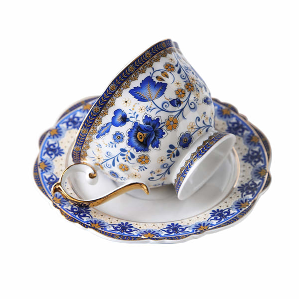 Fine Bone China brittiläinen kahvikuppi- ja set, Blue Floral Vintage posliiniteekuppi, 200 ml