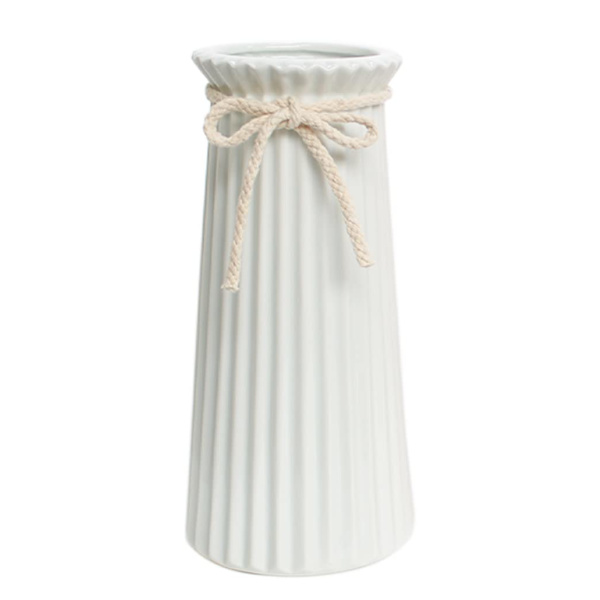 Hvide Keramiske Riflet Vas til Minimalistisk Moderne Hjemmeindretning, Dekorativ Blomster Vase til Bryllup Middagsbord Kontor Soveværelse - 9,5 Tommer / 25 CM