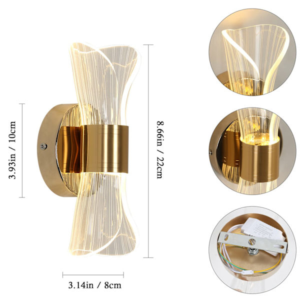 12W LED Vägglampa för Inomhusbruk, Dimbar, 3 Färgtemperaturer, Modern Akryl Metall Guld Vägglampa för Sovrum, Kontor, Hall, Trappa.