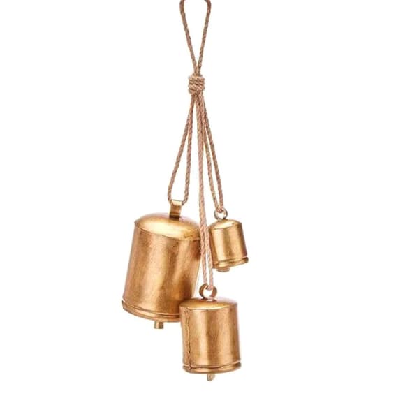 Set med 3 jul-klockor i mässing, ko-stil, shabby chic, rustik metall, hängande, stora ko-klockor, dekoration