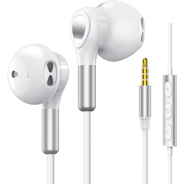 Hörlurar med sladd, in-ear-hörlurar med sladd, halva i örat-hörlurar 3,5 mm jack, trådbundna hörlurar med mikrofon och volymkontroll WHITE