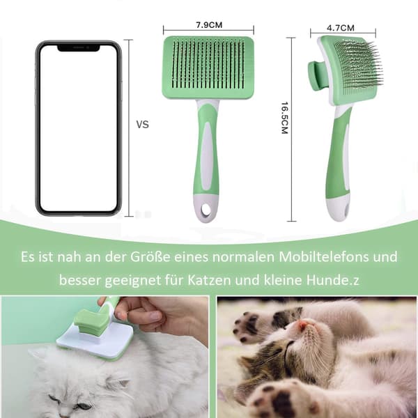 Katte- og kæledyrsbørste, selvrensende, underuldsfjerner, til hund, kat, kort til langt hår, velegnet til milde katte (grøn)