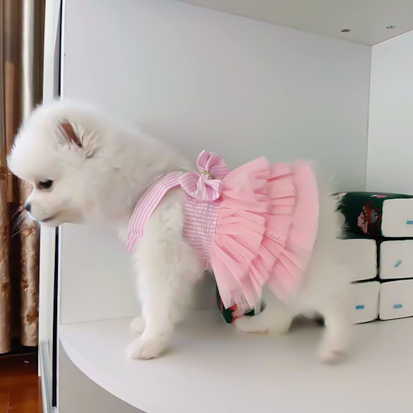 Hundklänning, valp kattunge rosett randig mesh väst (M, rosa)
