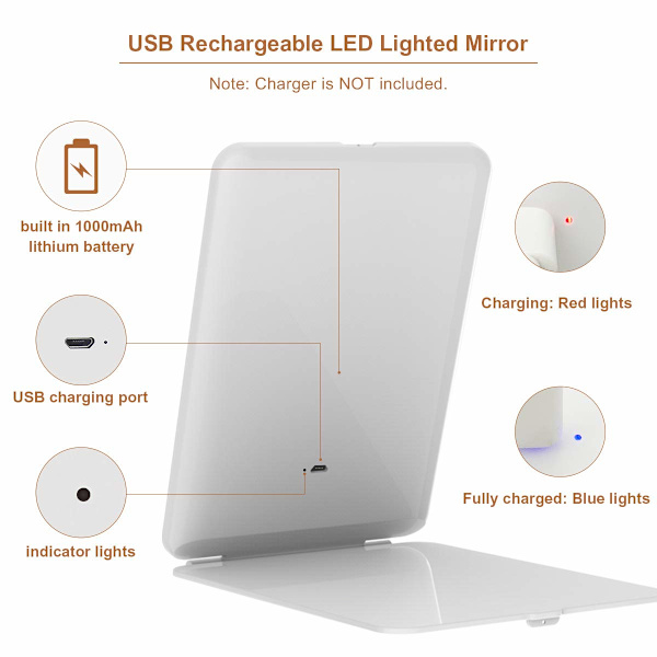 Genopladeligt makeup-spejl, bærbart USB-spejl med 3 farver LED-belysning, touch-sensor-dæmpning, kosmetisk spejl til bordplade