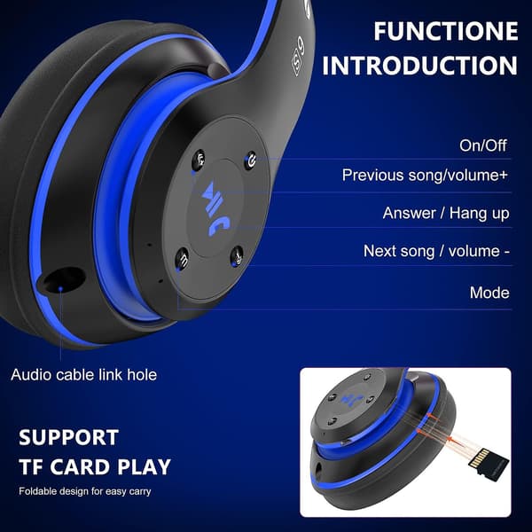 Bluetooth-hovedtelefoner over ear, med HD-mikrofon, FM, Tf til pc black blue