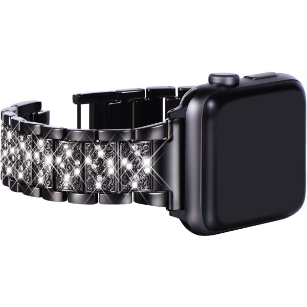 Kompatibel med Apple Watch-rem 42 mm 44 mm 45 mm, dam glittrande bling kristall rostfritt stål länk armband ersättningsband för iwatch-serien black 42/44/45/49MM