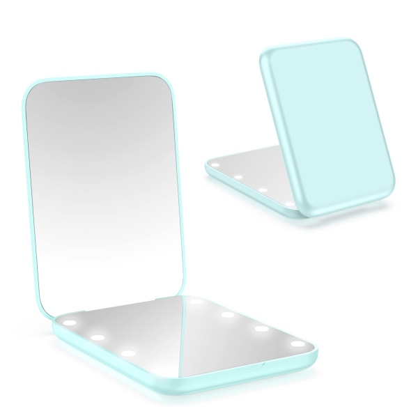 Fickspegel, kompakt ledspegel, 1x/2x förstoringsspegel med ljus, 2-sidig handhållen magnetomkopplare Vik liten resesminkspegel (grön)